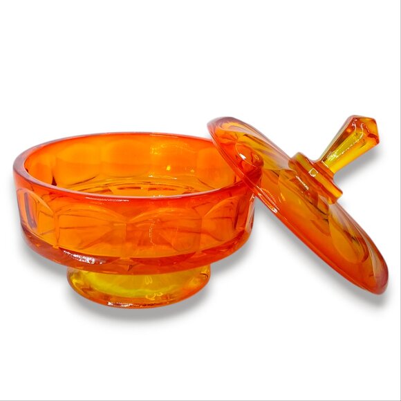Vtg Viking Glass Orange Candy Dish Lidded Footed Diamond Point Finial Air Bubble